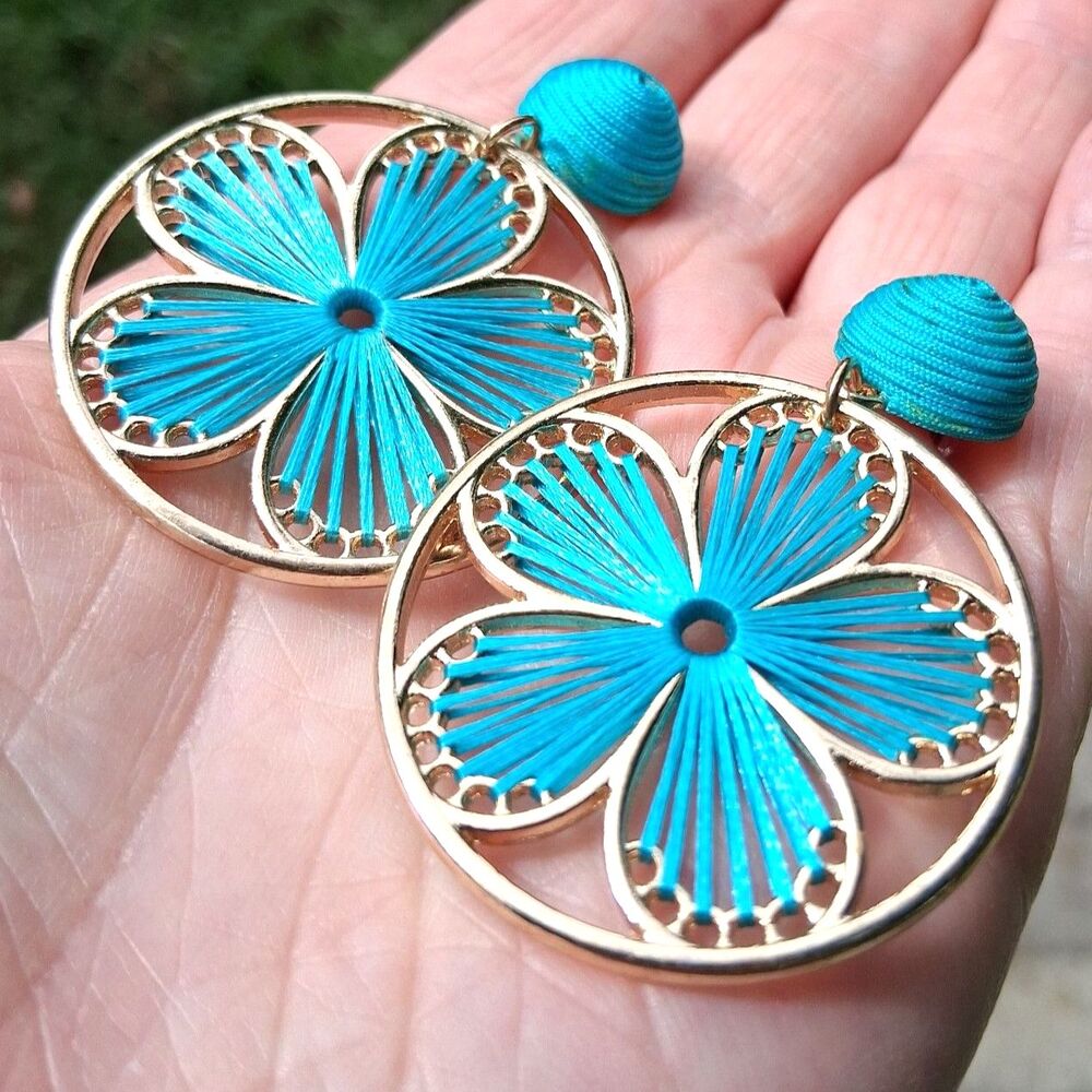 158 Dangle Earrings Turquoise Blue Flowers & Gold Filigree Medal